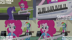Size: 2000x1125 | Tagged: safe, edit, edited screencap, editor:quoterific, screencap, pinkie pie, rainbow dash, rarity, human, equestria girls, g4, player piano, boots, keytar, musical instrument, shoes