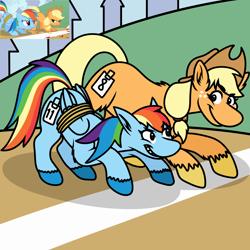 Size: 2048x2048 | Tagged: safe, artist:raspberrylucario, screencap, applejack, rainbow dash, earth pony, pegasus, pony, fall weather friends, g4, applejack's hat, bound wings, colored hooves, cowboy hat, female, freckles, hat, high res, mare, rope, scene interpretation, screencap reference, smiling, wings