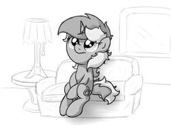 Size: 3359x2463 | Tagged: safe, artist:background basset, lyra heartstrings, pony, unicorn, g4, couch, depression, grayscale, high res, monochrome, sitting, solo