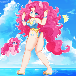 Size: 2048x2048 | Tagged: safe, artist:bununuchi, pinkie pie, human, pony, g4, ass, balloonbutt, beach, boobs and butt pose, breasts, butt, chibi, chubby, cleavage, clothes, cloud, cute, cutie mark on human, female, female focus, frilled swimsuit, high res, human coloration, humanized, light skin, looking at you, ocean, one-piece swimsuit, sky, sleeveless, smiling, solo focus, swimsuit, water, wavy hair