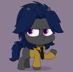 Size: 1808x1794 | Tagged: artist needed, source needed, safe, oc, oc only, oc:mattriel, earth pony, pony, g4, g4.5, my little pony: pony life, clothes, earth pony oc, g4 to g4.5, generation leap, male, purple background, simple background, solo, stallion