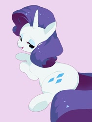 Size: 1498x1997 | Tagged: safe, artist:cheesesauce_45, rarity, earth pony, pony, unicorn, g4, butt, cute, female, lidded eyes, looking back, lying down, mare, open mouth, open smile, pink background, plot, prone, raribetes, rearity, simple background, smiling, solo, underhoof