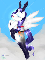 Size: 1280x1705 | Tagged: source needed, safe, artist:paigeorwhatevs, rarity, alicorn, anthro, g4, alicornified, bunny suit, clothes, eyes closed, flying, hand on chest, happy, jetpack, leotard, open mouth, race swap, raricorn, sky, sky background, solo