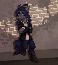 Size: 1451x1638 | Tagged: artist needed, source needed, safe, oc, oc only, oc:mattriel, earth pony, pony, semi-anthro, arm hooves, brick wall, clothes, earth pony oc, leaning, solo