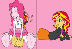 Size: 1280x870 | Tagged: safe, artist:feets-and-paws, pinkie pie, sunset shimmer, human, equestria girls, g4, barefoot, feet, fetish, foot fetish, foot focus, soles, tickle torture, tickling, toes