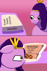 Size: 2048x3072 | Tagged: safe, artist:php176, derpibooru exclusive, pipp petals, pegasus, pony, g5, box, chocolate chip cookie, comic, cookie, ears back, female, floppy ears, food, gradient background, happy, high res, implied jazz hooves, jewelry, lineless, looking at something, mare, name, pipp petals is not amused, prank, shading, silly, solo, text, there was an attempt, tiara, unamused