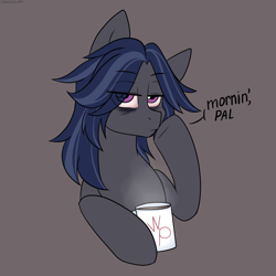 Size: 2200x2200 | Tagged: source needed, safe, artist:cottonaime, oc, oc only, oc:mattriel, earth pony, pony, earth pony oc, gray background, high res, lidded eyes, mug, simple background, solo, vust