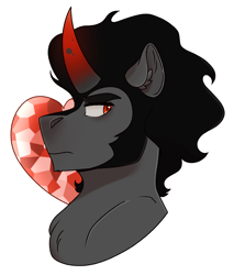 Size: 2776x3264 | Tagged: source needed, safe, artist:slushpony, king sombra, pony, unicorn, g4, aside glance, bust, charm, chest fluff, colored horn, crystal, crystal heart, curved horn, eyebrows, facial hair, high res, horn, looking at you, portrait, side view, simple background, solo, sombra horn, white background