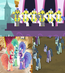 Size: 1280x1440 | Tagged: safe, edit, edited screencap, gameloft, screencap, buzzsaw mccolt, crosscut mccolt, emerald flare, hacksaw mccolt, sapphire sequins, sunset circus, earth pony, pegasus, pony, unicorn, a canterlot wedding, g4, the hooffields and mccolts, armor, cropped, feather, female, front knot midriff, headdress, male, mare, mccolt family, midriff, performer, royal guard, salute, saw sisters, shipping, shipping domino, show mares, showgirl, slender, stallion, straight, thin, trio, unicorn royal guard