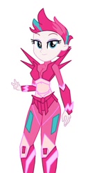 Size: 649x1279 | Tagged: safe, artist:robertsonskywa1, zipp storm, human, equestria girls, g4, g5, arcee, breasts, equestria girls-ified, female, g5 to equestria girls, g5 to g4, generation leap, liza koshy, peace sign, simple background, slender, solo, thin, transformers, transformers rise of the beasts, voice actor joke, white background