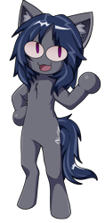 Size: 1108x2349 | Tagged: artist needed, source needed, safe, oc, oc only, oc:mattriel, earth pony, semi-anthro, arm hooves, bipedal, blue mane, cat ears, earth pony oc, fusion, long mane, long mane male, looking sideways, male, mischievous, neco-arc, open mouth, pink eyes, simple background, slit pupils, smiling, solo, stallion, transparent background