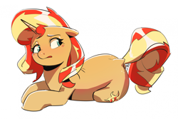 Size: 2349x1568 | Tagged: safe, artist:applephil, sunset shimmer, pony, unicorn, g4, female, lying down, mare, simple background, solo, white background