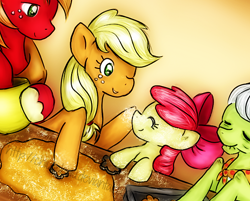 Size: 572x461 | Tagged: safe, artist:chiuuchiuu, apple bloom, applejack, big macintosh, granny smith, earth pony, pony, g4, adorabloom, apple family, baking, christmas, cute, eyes closed, female, filly, foal, food, holiday, male, mare, one eye closed, pastry, smiling, stallion, wink
