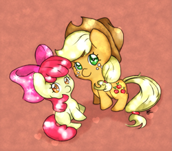 Size: 903x793 | Tagged: safe, artist:chiuuchiuu, apple bloom, applejack, earth pony, pony, g4, adorabloom, apple bloom's bow, apple sisters, applejack's hat, bow, cowboy hat, cute, female, filly, foal, hair bow, hat, jackabetes, looking at you, siblings, simple background, sisters