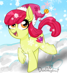 Size: 756x822 | Tagged: safe, artist:docdoughnut, apple bloom, earth pony, pony, adorabloom, christmas, cute, female, filly, foal, hat, holiday, santa hat, sky, snow, snowfall, snowflake, solo