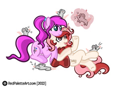 Size: 1067x749 | Tagged: safe, artist:redpalette, oc, oc only, oc:red palette, oc:violet ray, earth pony, pony, rat, unicorn, clothes, couple, curly hair, cute, earth pony oc, female, freckles, horn, magic, mare, pet, scarf, simple background, telekinesis, unicorn oc, white background