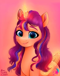Size: 1074x1368 | Tagged: safe, artist:petaltwinkle, sunny starscout, alicorn, pony, g5, artificial horn, artificial wings, augmented, horn, lightly watermarked, magic, magic horn, magic wings, race swap, signature, smiling, solo, sunnycorn, watermark, wings