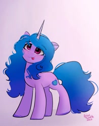 Size: 1074x1368 | Tagged: safe, artist:petaltwinkle, izzy moonbow, pony, unicorn, g5, :p, blushing, doodle, female, gradient background, head tilt, looking at you, mare, smiling, solo, standing, tongue out