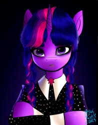 Size: 1074x1368 | Tagged: safe, artist:petaltwinkle, twilight sparkle, pony, g4, alternate hairstyle, bust, clothes, crossover, portrait, solo, the addams family, wednesday (series), wednesday addams, wednesday sparkle