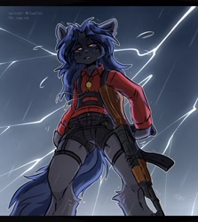 Size: 1594x1791 | Tagged: source needed, safe, artist:kosha, oc, oc only, oc:mattriel, earth pony, pony, semi-anthro, ak-47, arm hooves, assault rifle, bipedal, blue mane, clothes, earth pony oc, garter belt, garters, glowing, glowing eyes, gun, harness, jewelry, lightning, long mane, long mane male, male, necklace, open mouth, rain, red shirt, rifle, shorts, solo, stallion, tack, tired, weapon