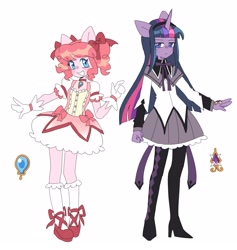 Size: 2691x2837 | Tagged: safe, artist:exxi00, pinkie pie, twilight sparkle, unicorn, anthro, plantigrade anthro, g4, anime, bow, clothes, cosplay, costume, dress, grin, hair bow, high res, homura akemi, looking at you, madoka kaname, magical girl, puella magi madoka magica, simple background, smiling, unamused, unicorn twilight, white background