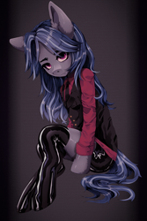 Size: 1942x2903 | Tagged: source needed, safe, artist:tweenstrip, oc, oc only, oc:mattriel, earth pony, semi-anthro, arm hooves, blue mane, clothes, earth pony oc, latex, latex boots, long mane, long mane male, looking at you, male, necktie, pink eyes, red shirt, shorts, sitting, solo, stallion, stockings, striped background, thigh highs, thighs, two toned mane, waistcoat