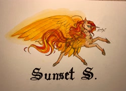 Size: 3627x2639 | Tagged: safe, artist:emilychristman, sunset shimmer, alicorn, pony, alicornified, artificial wings, augmented, flying, magic, magic wings, race swap, shimmercorn, solo, spread wings, traditional art, wings