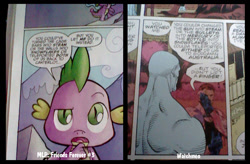 Size: 1023x672 | Tagged: safe, idw, spike, dragon, g4, my little pony: friends forever, spoiler:comic, comparison, photo, watchmen