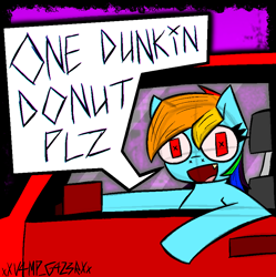 Size: 900x903 | Tagged: safe, artist:xxv4mp_g4z3rxx, rainbow dash, pegasus, pony, g4, car, driving, female, implied dunkin donuts, mare, red eyes, solo, text