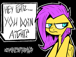 Size: 708x529 | Tagged: safe, artist:xxv4mp_g4z3rxx, fluttershy, pegasus, pony, g4, angry, black background, female, mare, pink mane, signature, simple background, solo, speech bubble, yellow coat