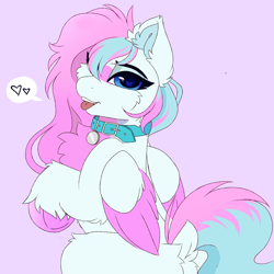 Size: 5000x5000 | Tagged: source needed, safe, artist:burstsketch, oc, oc only, oc:dyn, pegasus, pony, blue eyes, blue tail, chest fluff, collar, colored hooves, colored wings, commission, dock, ear fluff, eyelashes, eyeshadow, facial markings, female, heart, heart eyes, long mane, looking at you, looking back, makeup, mare, multicolored hair, multicolored mane, multicolored wings, pegasus oc, pink background, pink mane, pink tail, pink wings, simple background, solo, sparkles, speech bubble, tail, tongue out, wings, ych result