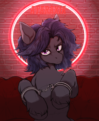 Size: 3400x4167 | Tagged: source needed, safe, artist:tatykin, oc, oc only, oc:mattriel, earth pony, pony, blue mane, brick wall, chest fluff, circle, coach, cuffs, earth pony oc, fluffy, frown, halo, long mane, long mane male, looking at you, male, neon, presenting, raised hoof, red background, sign, simple background, sitting, solo, stallion, two toned mane