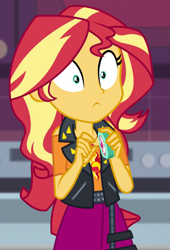 Size: 579x853 | Tagged: safe, screencap, sunset shimmer, human, equestria girls, equestria girls series, g4, holidays unwrapped, saving pinkie's pie, spoiler:eqg series (season 2), cropped, pinpoint eyes, solo