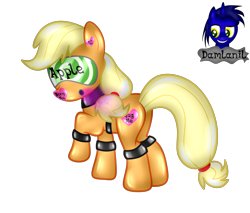 Size: 2990x2553 | Tagged: safe, artist:damlanil, applejack, earth pony, latex pony, original species, pony, g4, bdsm, bondage, butt, close-up, clothes, collar, cuffs, encasement, female, gas mask, heart, high res, hypnogear, latex, living latex, mare, mask, mind control, plot, raised hoof, restrained, rubber, rubber drone, rubber suit, shiny, shiny mane, show accurate, simple background, solo, story, story included, transformation, transparent background, vector, visor