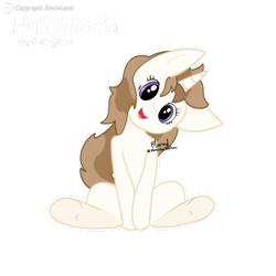 Size: 997x997 | Tagged: artist needed, safe, oc, oc only, oc:fluffymarsh, pony, unicorn, brown mane, cute, female, food, gift art, head tilt, horn, looking at you, mare, marshmallow, purple eyes, silly, silly pony, simple background, sitting, smiling, solo, transparent background, unicorn oc, watermark