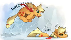 Size: 2500x1432 | Tagged: safe, artist:yakovlev-vad, applejack, earth pony, pony, g4, :t, behaving like a dog, behaving like a fox, clothes, cute, female, hatless, jackabetes, jumping, lacrimal caruncle, mare, missing accessory, motion lines, onomatopoeia, partial background, pounce, scarf, silly, silly pony, slender, snow, solo, stone, thin, tree, tree branch, weeeeeeee, who's a silly pony, windswept mane