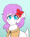 Size: 867x1067 | Tagged: safe, artist:yumomochan, pony, cape, chest fluff, clothes, colored, commission, ear fluff, female, flat colors, flower, flower in hair, fluffy tail, mare, one ear down, solo, tail