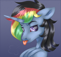 Size: 2000x1875 | Tagged: safe, artist:deadoyster, oc, oc only, oc:öyster blue, pony, unicorn, bust, commission, ears back, gradient background, horn, looking at you, miserable, portrait, simple background, solo, tongue out, unicorn oc, ych result