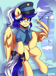 Size: 1700x2300 | Tagged: safe, artist:shadowreindeer, oc, oc:animatedpony, pegasus, pony, bipedal, bipedal leaning, clothes, commission, cuffs, leaning, necktie, pegasus oc, police, police officer, police uniform, sky, wing hands, wings