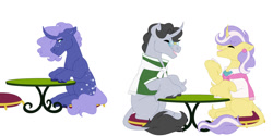 Size: 1280x640 | Tagged: safe, artist:itstechtock, jet set, upper crust, oc, oc:erebus, changepony, pony, unicorn, g4, cushion, male, offspring, parent:pharynx, parent:princess luna, parents:lunarynx, simple background, stallion, table, trio, white background