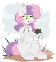 Size: 1000x1100 | Tagged: safe, artist:thieftea, sweetie belle, frog, pony, unicorn, g4, chest fluff, cute, diasweetes, ear fluff, horn, looking at each other, looking at someone, open mouth, open smile, simple background, smiling, solo, two toned mane, underhoof