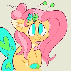 Size: 2048x2048 | Tagged: safe, artist:alexbeeza, fluttershy, original species, pony, g4, 2022, alternate design, alternate hairstyle, antennae, coat markings, colored hooves, female, flower, flower in hair, gossamer wings, high res, looking at you, mare, neck fluff, simple background, solo, spread wings, wings