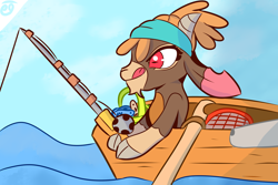 Size: 3000x2000 | Tagged: safe, artist:papacruda09, shanty (tfh), fish, goat, them's fightin' herds, boat, bucket, cloven hooves, community related, concentrating, fishing, fishing rod, high res, ocean, simple background, solo, water