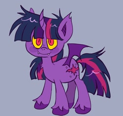 Size: 1636x1543 | Tagged: safe, artist:alexbeeza, twilight sparkle, alicorn, bat pony, bat pony alicorn, pony, g4, 2022, abstract background, alternate cutie mark, bat ponified, bat wings, blush sticker, blushing, colored hooves, fangs, female, fluffy, horn, looking at you, mare, messy mane, race swap, red pupils, simple background, solo, twibat, unshorn fetlocks, wings, yellow sclera