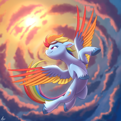 Size: 2000x2000 | Tagged: safe, artist:luminousdazzle, rainbow dash, pegasus, pony, g4, alternate design, belly, chest fluff, cloud, colored, colored wings, ear fluff, female, floppy ears, flying, goggles, goggles on head, gradient wings, grin, high res, hoof fluff, leg fluff, lighting, long tail, mare, raised hooves, shading, smiling, solo, spread wings, tail, turned head, underhoof, unshorn fetlocks, wings