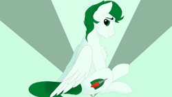 Size: 1920x1080 | Tagged: safe, artist:puginpocket, oc, oc only, unnamed oc, pegasus, pony, folded wings, green coat, green eyes, green mane, looking back, male, pegasus oc, pony oc, side view, sitting, smiling, solo, stallion, stallion oc, wings