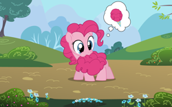 Size: 2560x1600 | Tagged: safe, artist:linkitch, artist:valcron, pinkie pie, earth pony, pony, g4, .ai available, .svg available, biting, cotton candy, cotton candy tail, cute, diapinkes, female, filly, flower, foal, food, nom, pinkie being pinkie, puffy cheeks, silly, silly pony, solo, tail, tail bite, thought bubble, tree, vector, wallpaper
