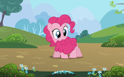 Size: 2560x1600 | Tagged: safe, alternate version, artist:linkitch, artist:valcron, pinkie pie, earth pony, pony, g4, .ai available, .svg available, biting, cotton candy tail, cute, diapinkes, female, filly, flower, foal, nom, pinkie being pinkie, puffy cheeks, silly, silly pony, solo, tail, tail bite, tree, vector, wallpaper