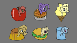 Size: 1920x1080 | Tagged: safe, artist:platinumdrop, applejack, fluttershy, pinkie pie, rainbow dash, rarity, twilight sparkle, alicorn, earth pony, food pony, ice cream pony, original species, pegasus, pie pony, pony, unicorn, g4, apple, apple pony, applejack becoming an apple, burger, burger pony, flan, flan pony, food, food transformation, hay burger, hay burger pony, ice cream, ice cream cone, mane six, marshmallow, marshmallow pony, pie, pinkie pie (form), pudding, pudding pony, request, simple background, smiling, transformation, twilight burgkle