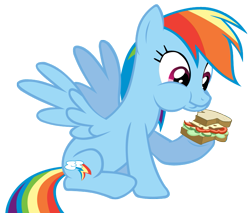 Size: 821x699 | Tagged: safe, artist:meof, rainbow dash, pegasus, pony, a canterlot wedding, g4, eating, female, food, herbivore, hoof hold, mare, puffy cheeks, sandwich, simple background, sitting, solo, spread wings, transparent background, vector, wings
